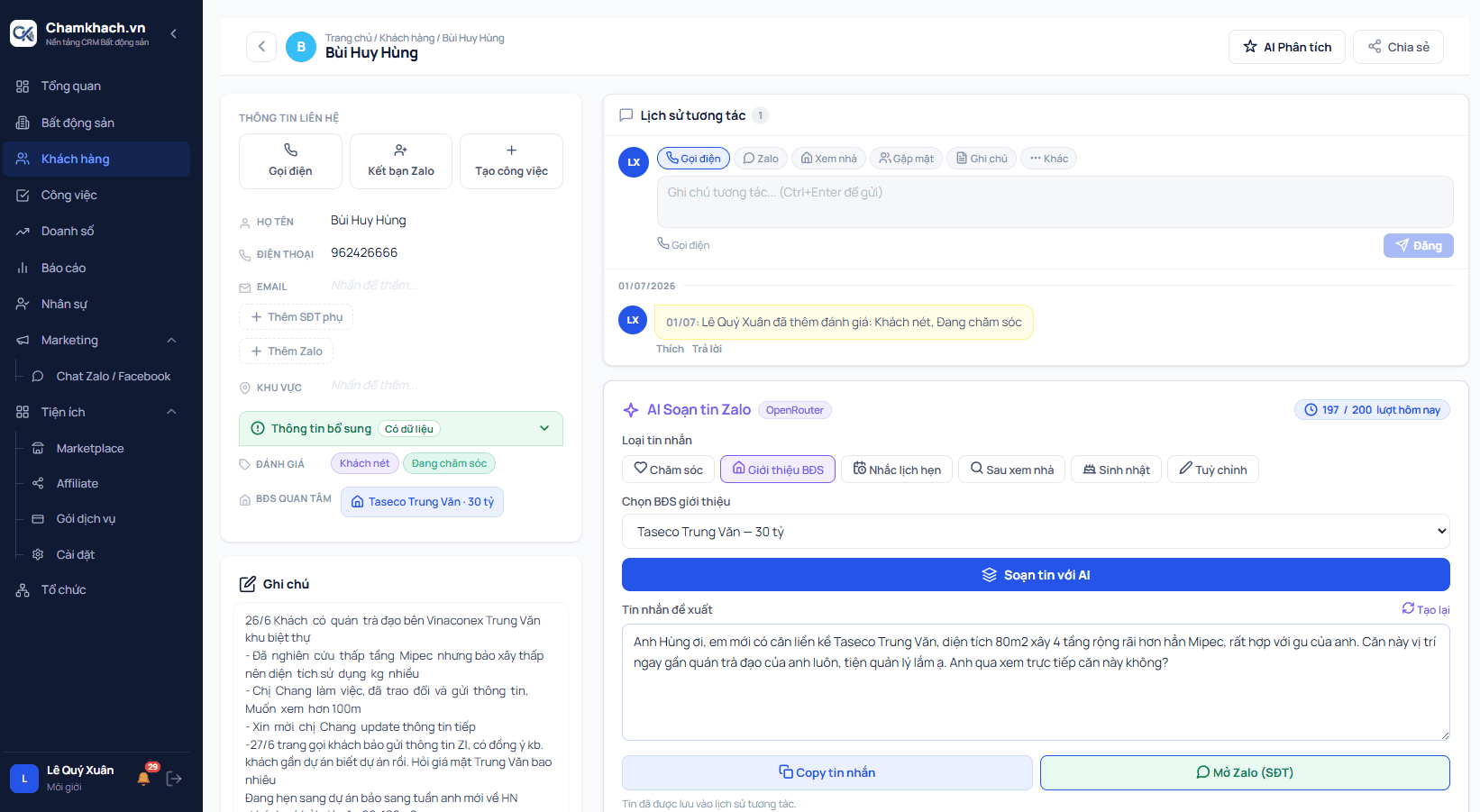 Giao diện AI chấm điểm khách hàng trong phần mềm CRM bất động sản ChamKhach.vn