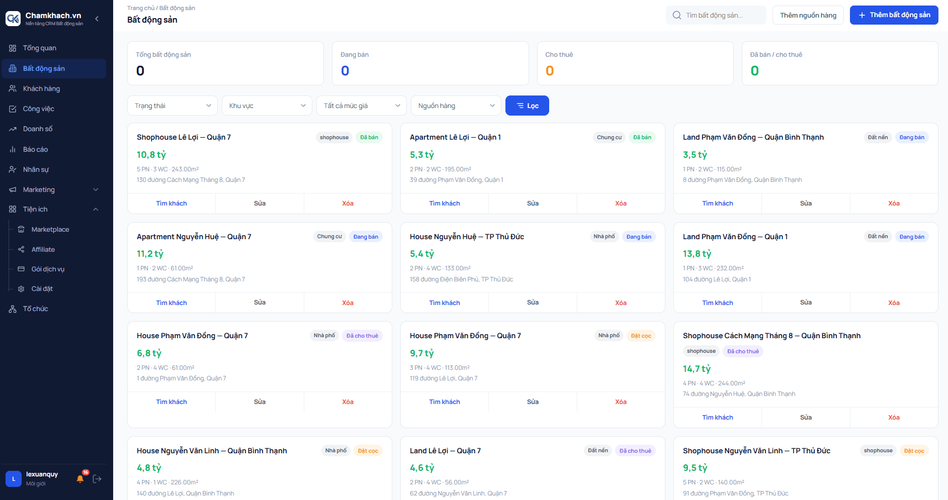Giao diện Tự động tìm khách hàng tiềm năng trong phần mềm CRM bất động sản ChamKhach.vn