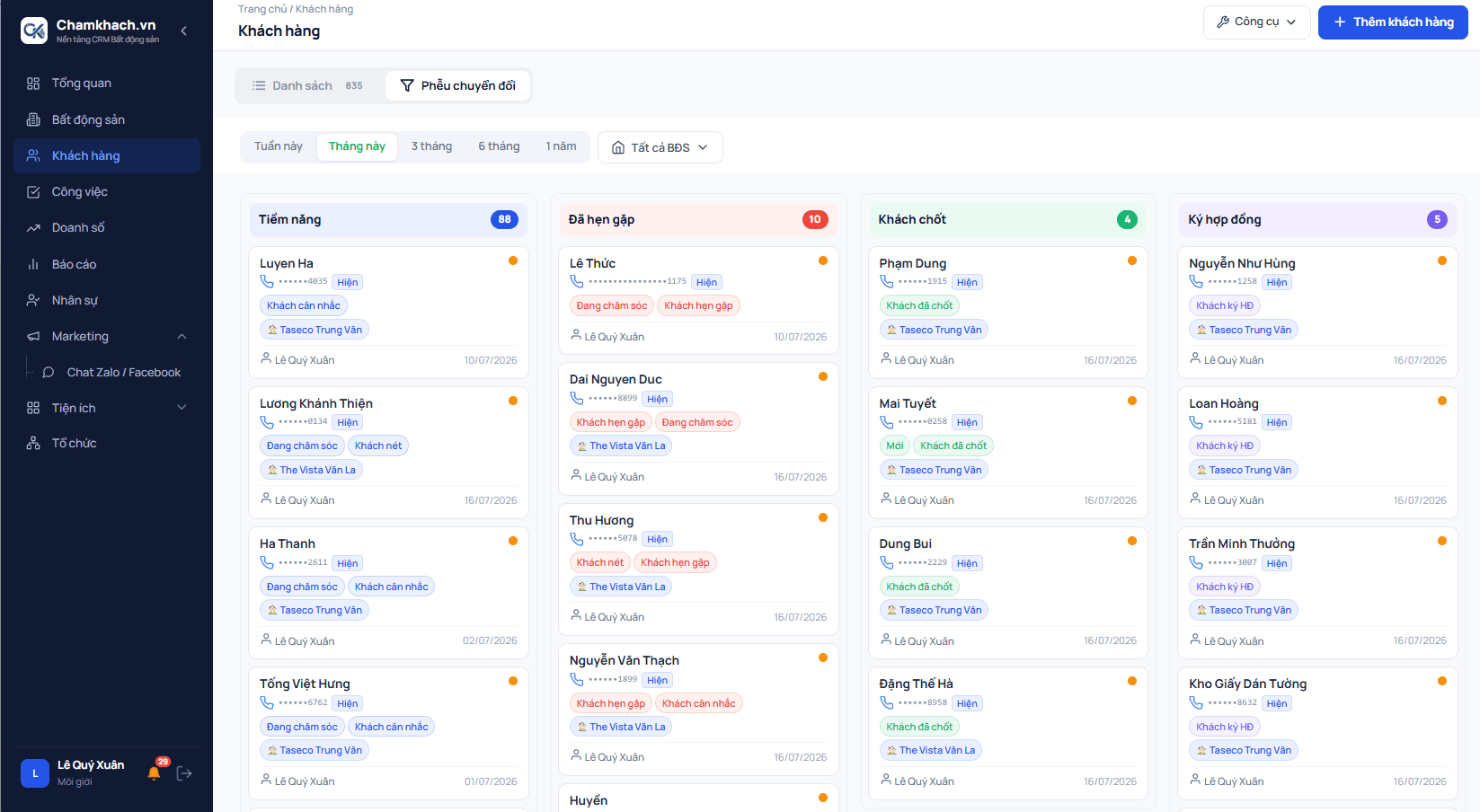 Giao diện Pipeline chốt khách trong phần mềm CRM bất động sản ChamKhach.vn